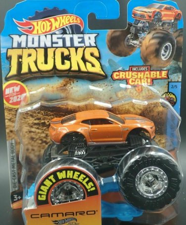 HOT WHEELS MONSTER TRUCKS CAMARO WITH CRUSHABLE CAR 2020 MATTEL 1:64 CAR 2/5