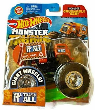 HOT WHEELS MONSTER TRUCKS WILL TRASH IT ALL w/ CRUSHABLE CAR 1:64. NEW* BIRTHDAY