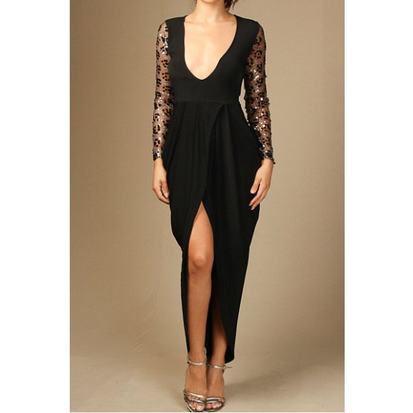 Elegant V Neck Sequin Mesh Splicing Long Sleeve Black Dress Women Spring Summer Fashion Slit Long
