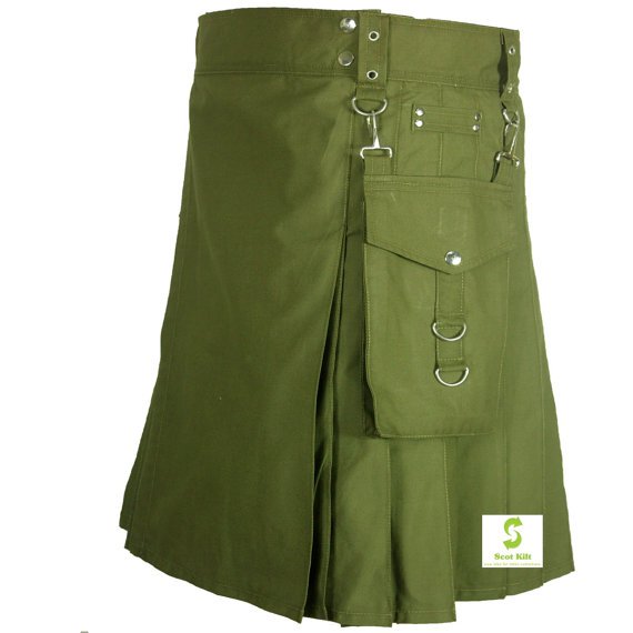 Custom made Olive Green Detachable pocket, Utility Fabric Kilt