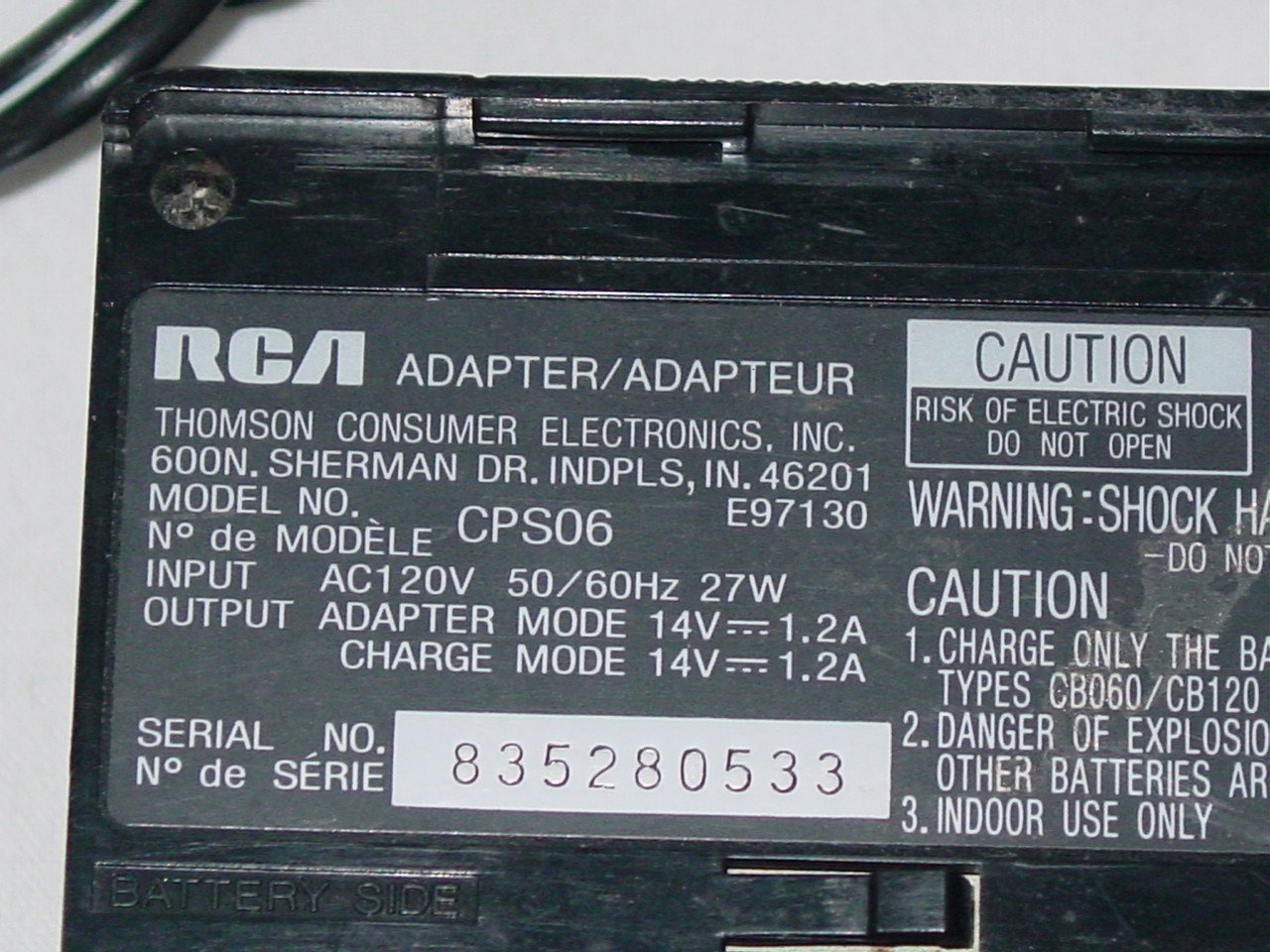 Thomson RCA CPS06 Camcorder Battery Charger AC Adapter