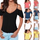 Summer Women Blouse Strappy Tops Cold Shoulder Tee Ladies Short Sleeve T-Shirt