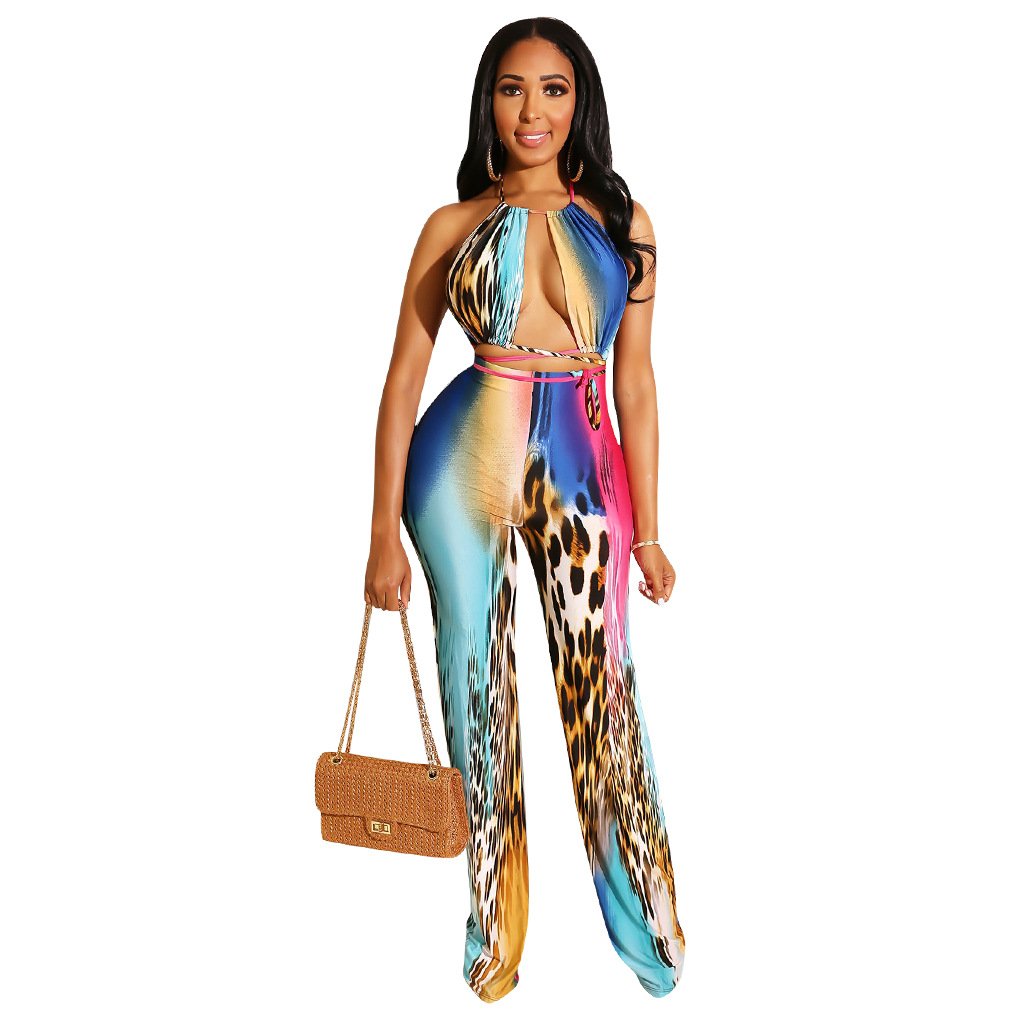 Sexy Leopard Print Summer Jumpsuit Hollow Out Rompers Plus Size Wide Leg Casual Clothing