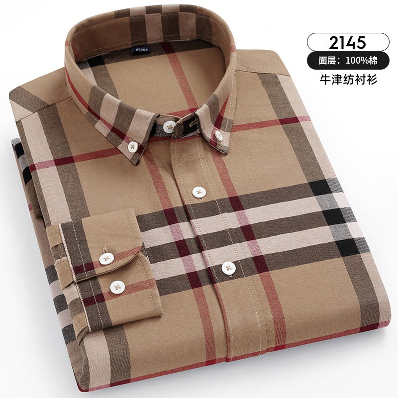 Fashion Cotton Tops Long Sleeve Casual T-Shirt For Men Oxford Plaid Business Shirt PQ2145