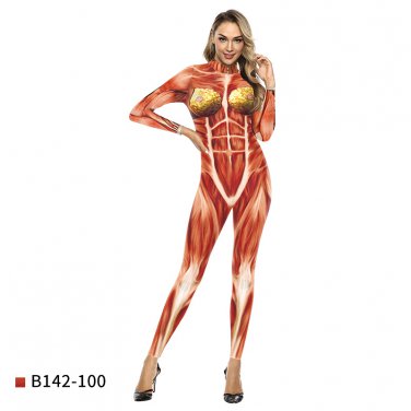 Woman Human Muscle Jumpsuit Comic Organ Printed Costume Halloween Uniform