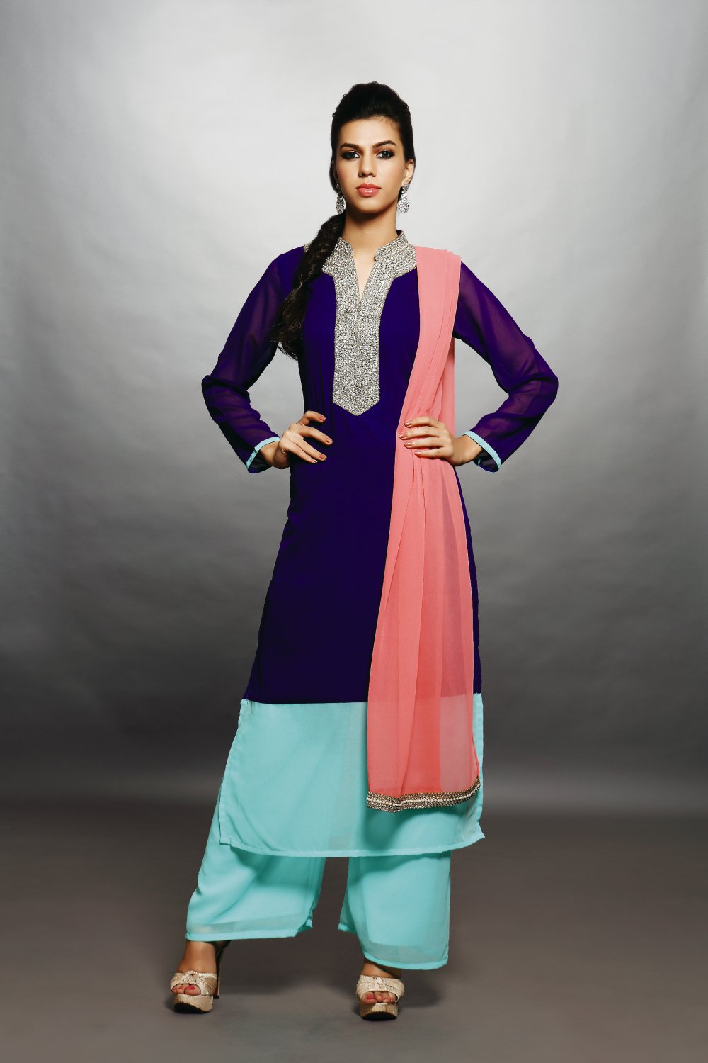 Purple, Sky Blue & Pink Designer Embroidery Dress (Palazzo Suit)