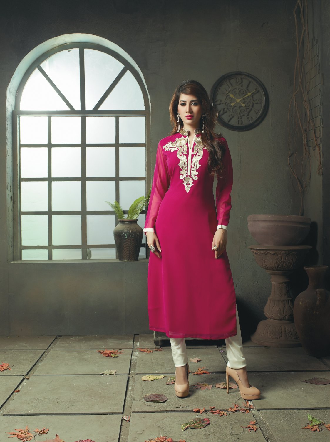 Deep Pink Designer Embroidery Suit (Long Kurti)
