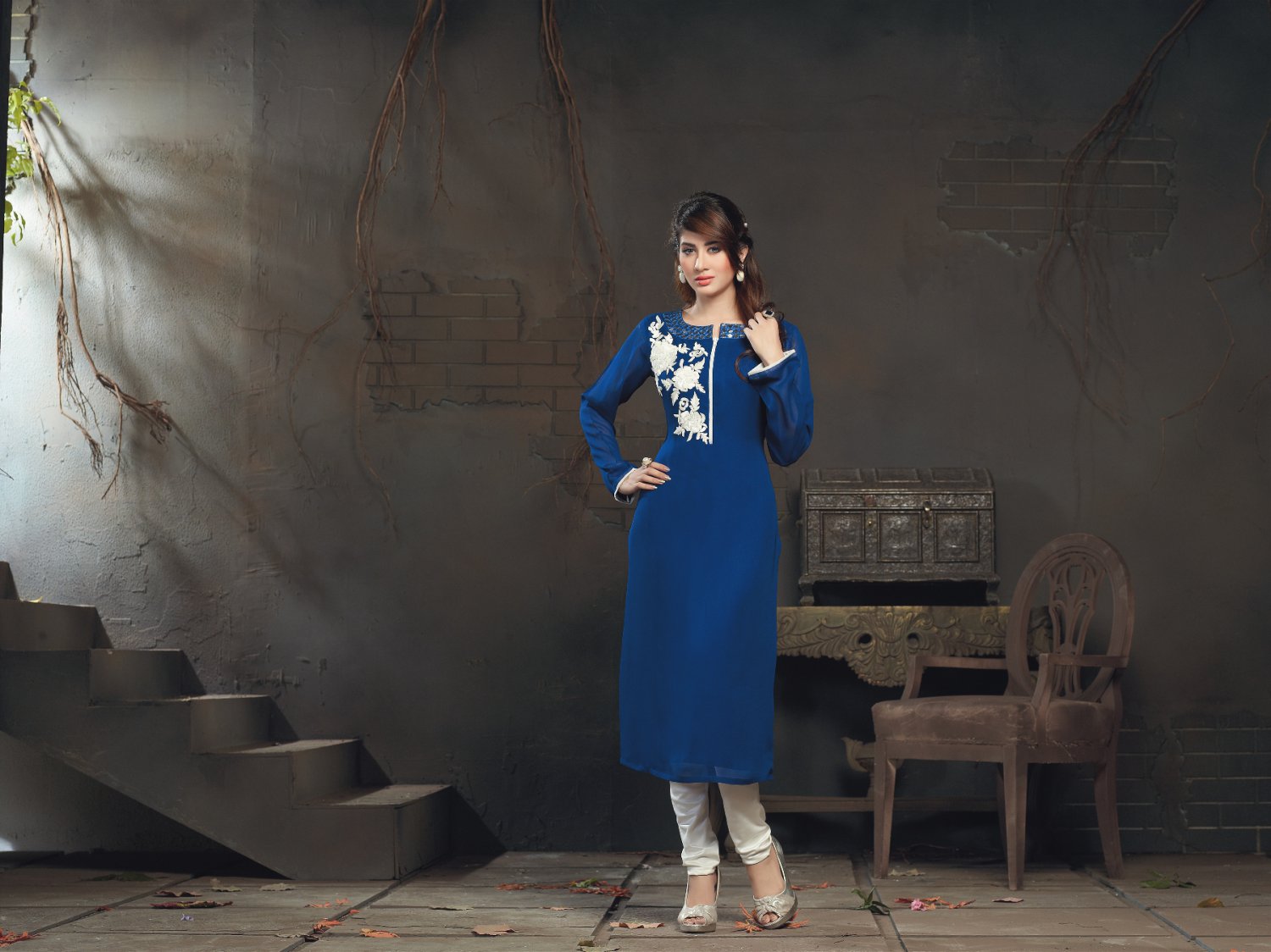 Deep Blue Designer Embroidery Suit (Long Kurti)