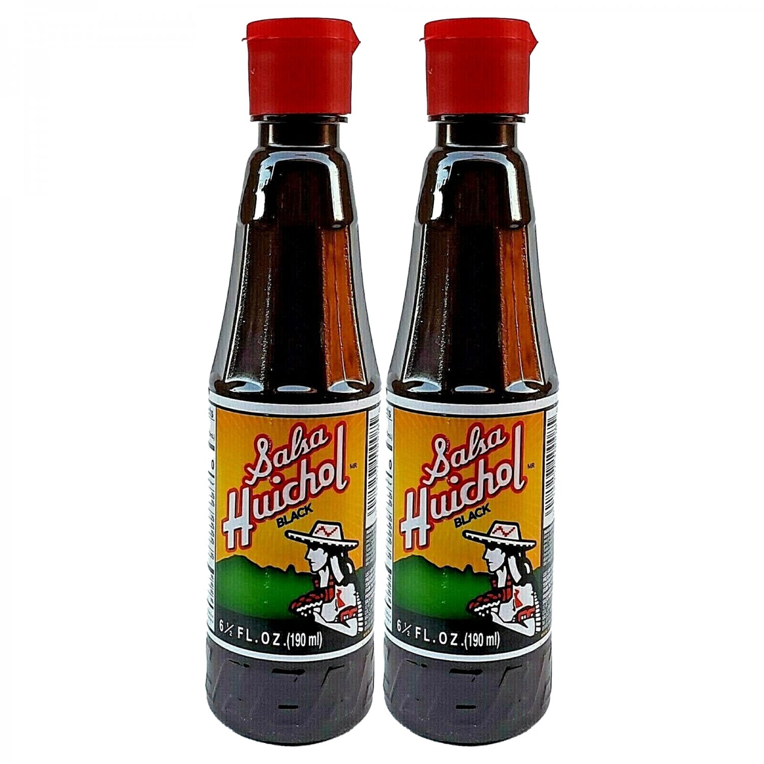 2 SALSAS HUICHOL NEGRA 6 1/2 fl oz. (190 ml.) MEXICAN HOT SAUCE HECHO
