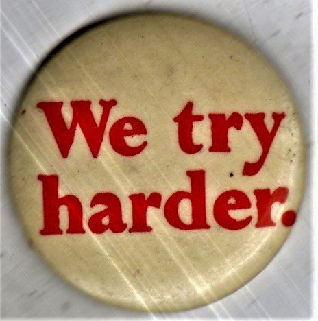 AVIS - Vintage Pin-Back Button: We Try Harder, 1970s Avis, Ford