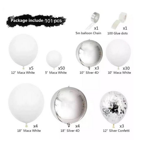 101 Silver White Balloon Decor Set