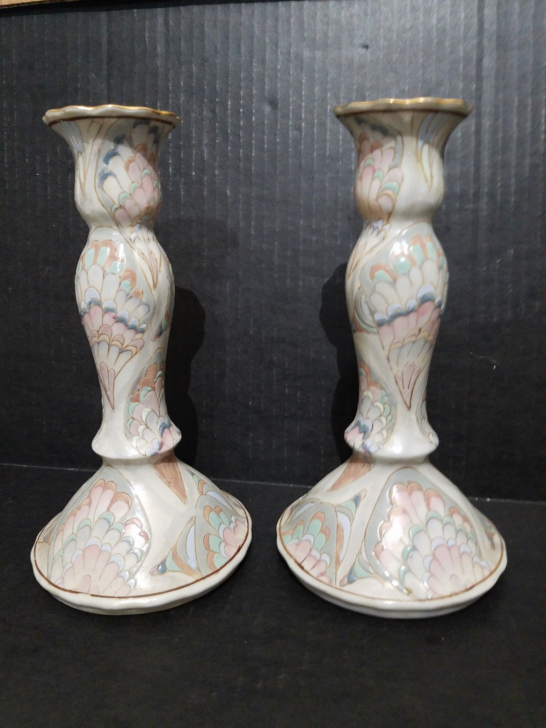 Andrea by Sadek Gold Trim Ceramic Candle Holders 9" Tall - Beautiful Pair