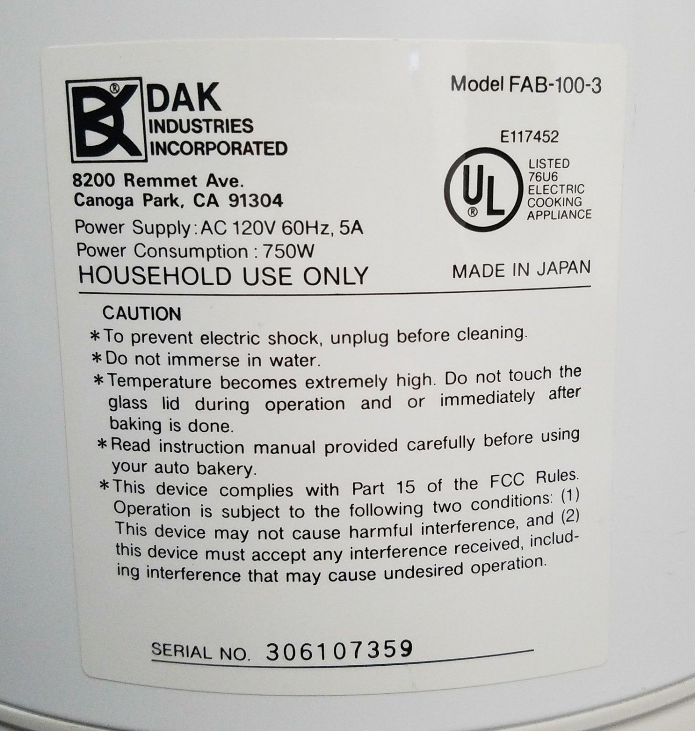 DAK AutoBakery Bread Machine FAB1003 w Recipe Book and Link To EManual