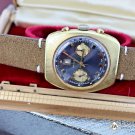 Vintage BAYLOR Chronograph Beautiful Blue Dial Matt Gold Fill Date at 12 W/ Box
