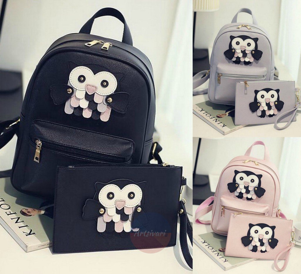 Stylish 2pc Owl Design Bag Leather Rucksack Travel School Casual Women Backpack