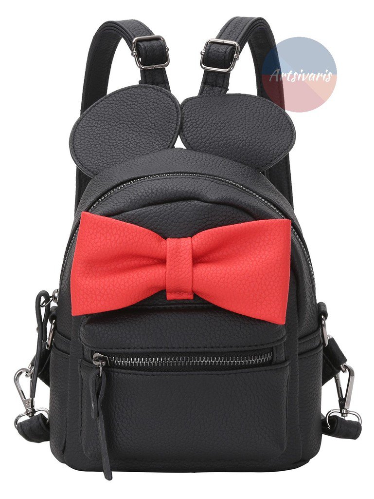Stylish Mouse Black Red Oversized Bow Tie Bag Leather Women Backpack