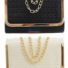 Retro Embossed Leather Clutch Metal-Trim Magnetic Flap Evening Bag Women Purse