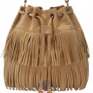 Vintage Tassel Fringe Shoulder Bag Drawstring Khaki Casual Travel Messenger Bags