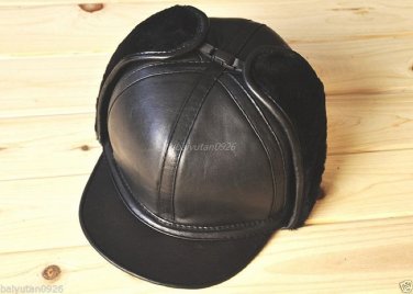 Men's 100% Real Leather Black Protect Ear Hat/ Dual style hat