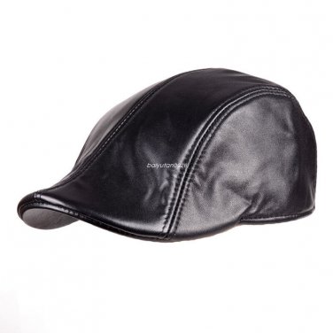 Black Top quality Leather Newsboy Hat Flat Ivy Cap Driving Golf Gatsby Steampunk