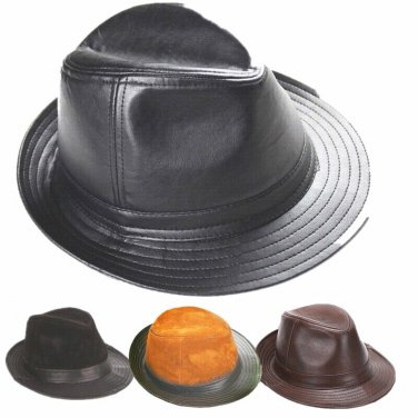 New Men's 100% Real Cowhide Leather Black Bucket Cap/ Fedora hat /Gentleman Hat