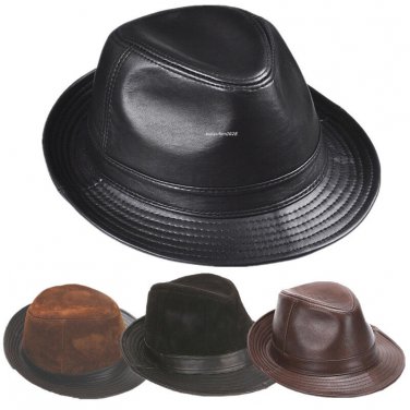 Men's Sheep/Cowhide Leather Black Brown Top Cap/ Fedora Hat/Leather Trilby