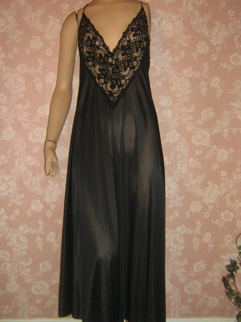 sold Adonna Vintage Nightgown Black Gold Lace Accent Long Full Sweep XL