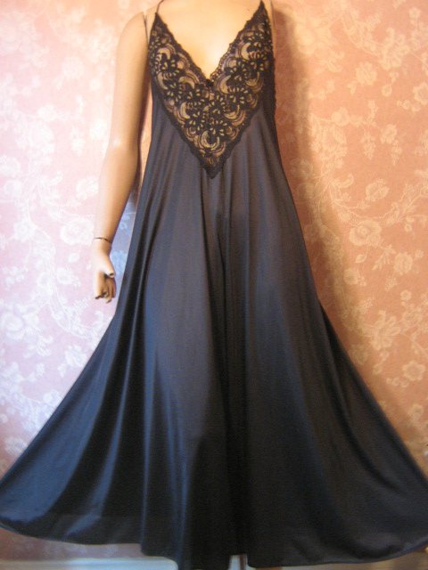 sold Adonna Vintage Nightgown Black Gold Lace Accent Long Full Sweep XL