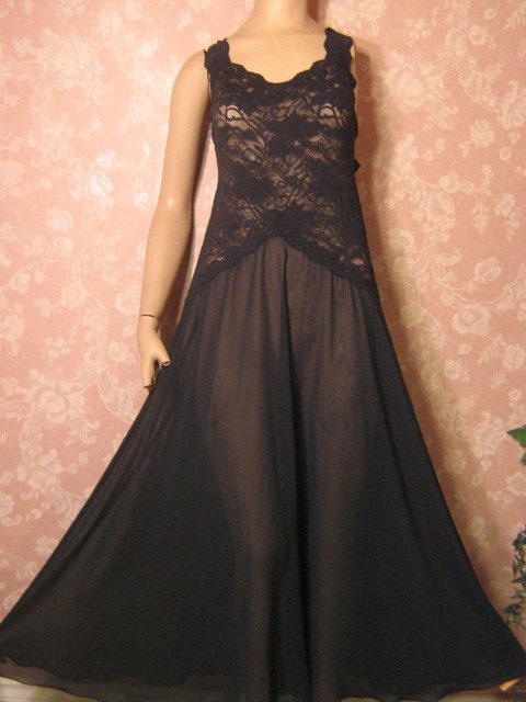 Sold Victorias Secret Nightgown M L Black Stretch Lace Sheer Chiffon Full Sweep