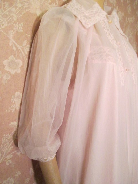 Vintage Nightgown Peignoir Robe Set Long Tall Sheer Pink Double Chiffon Large Tall