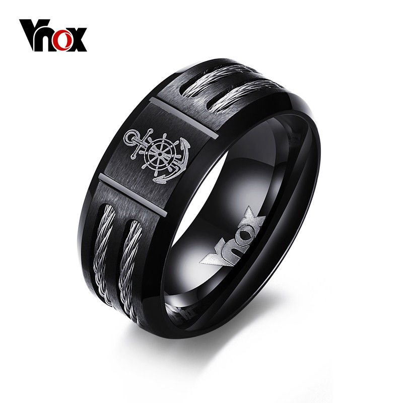 Vnox Men's Rudder and Anchor Ring Black Stainless Steel Rings for Men Jewelry