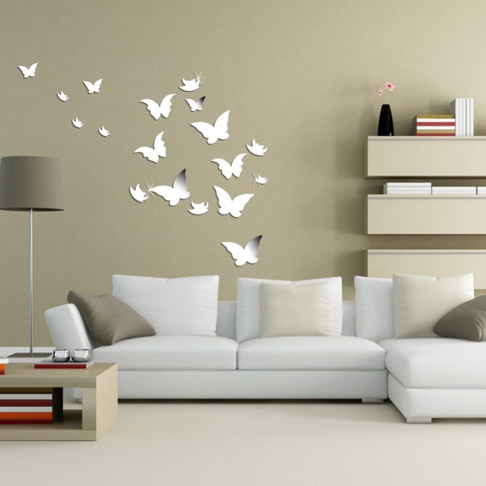 Soledi 3D Mirror Wall Sticker Silver Butterfly Removable Wall Decal DIY Living R