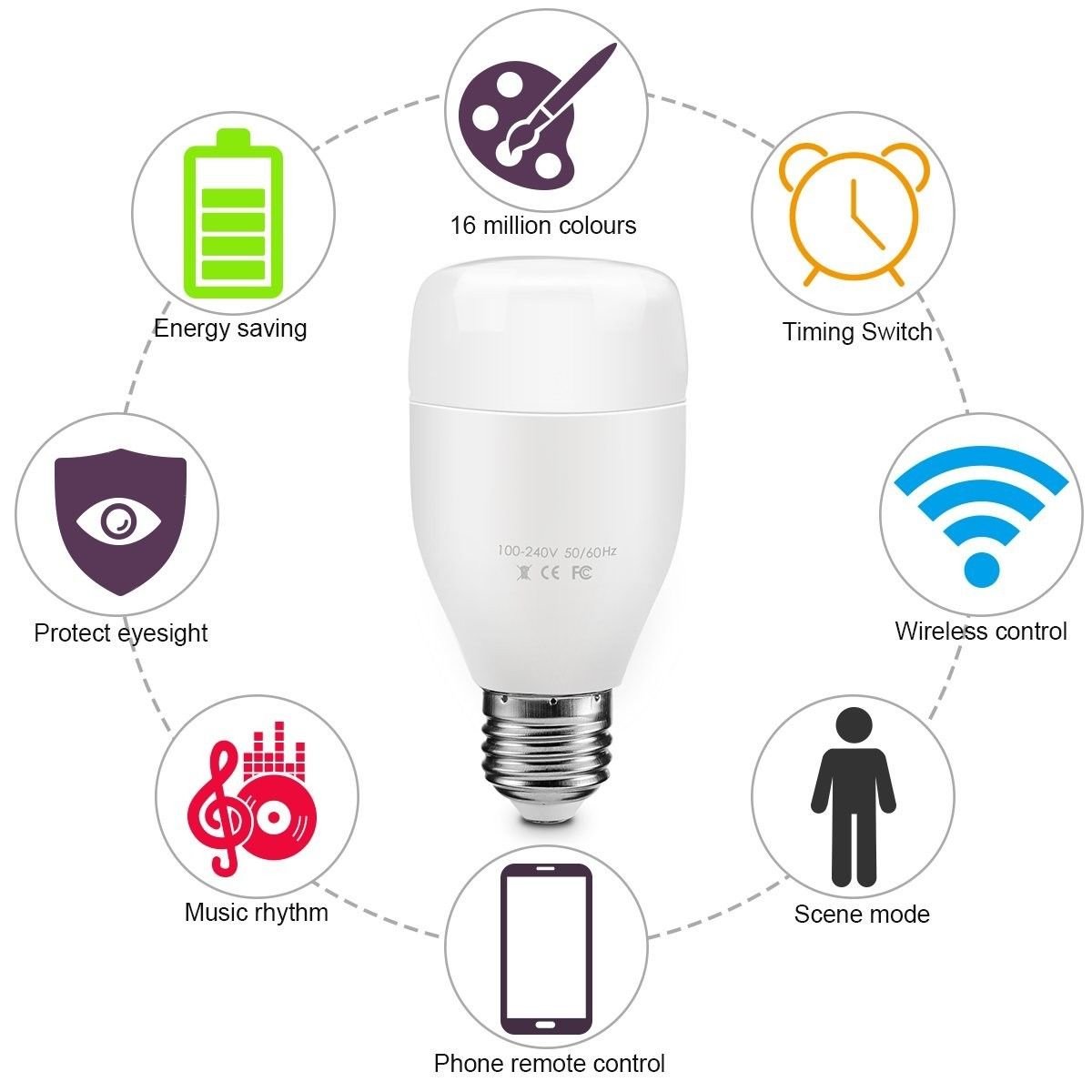 Wi-fi Smart LED Light Bulb Adjustable Multicolor 6W Bluetooth Smartphone free AP