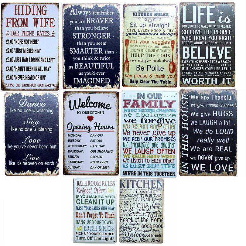 Kitchen Family Rules Retro Signs Metal Painting Wall Bar Home Art Decor Poster