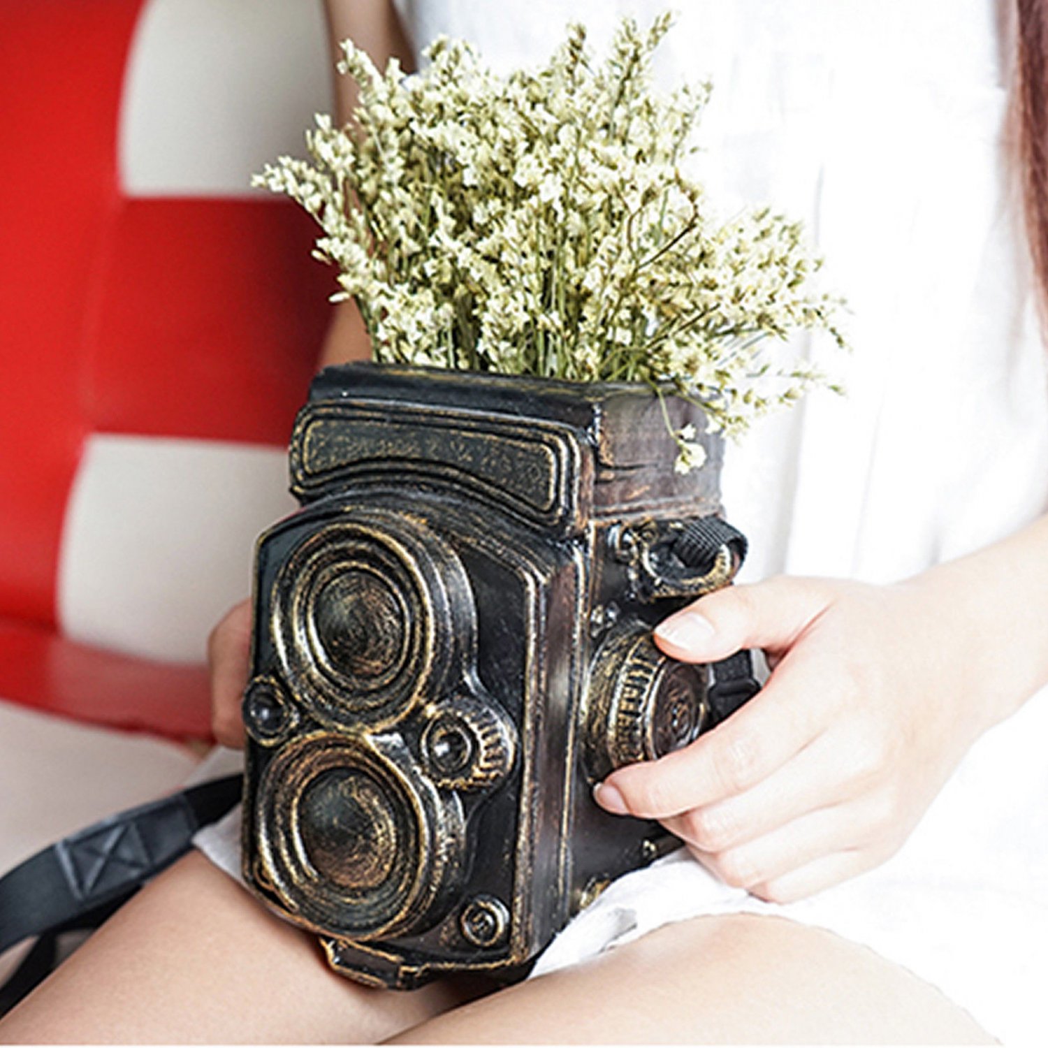 Artificial Flower Decorative Creative Vintage Retro Camera Ceramic Flower Vase