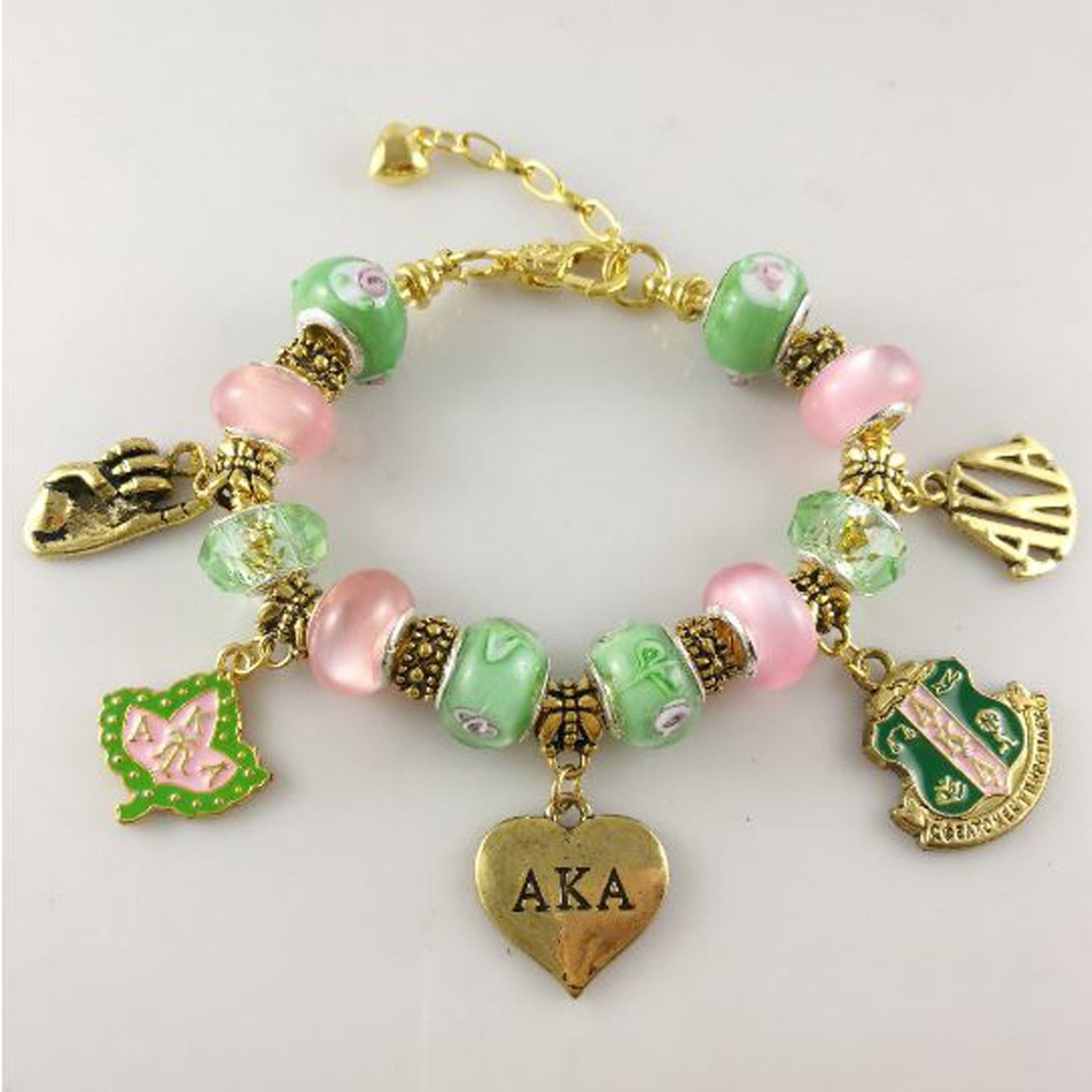 AKA Pink Green gold Charms Bracelet Alpha Kap Alpha Sorority gold Jewelry Gift