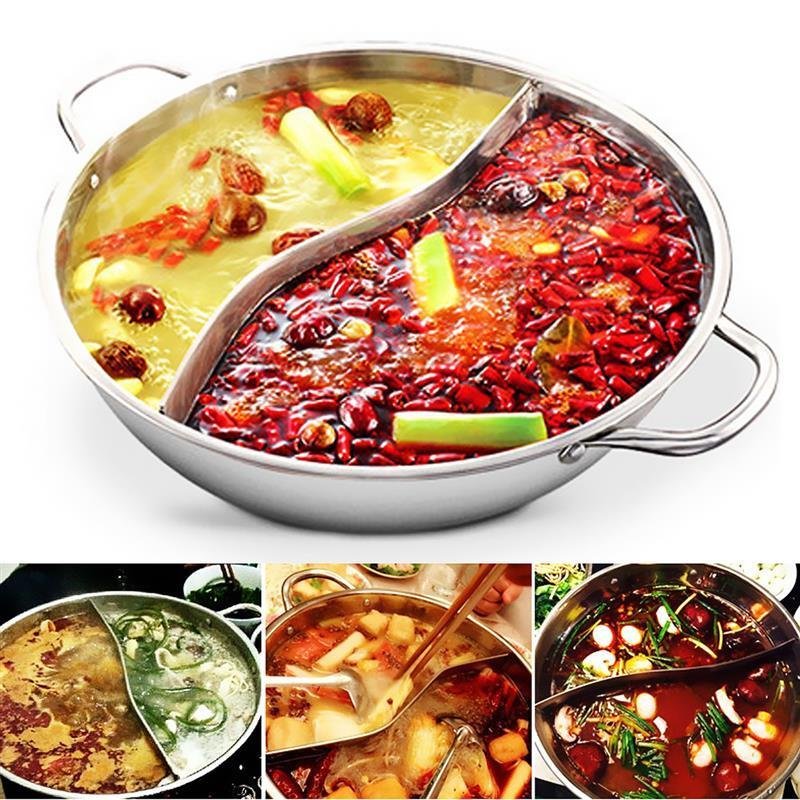 Hot Pot Twin Divided Stainless Steel 28cm Cookware Ruled Compatible Soup Stock