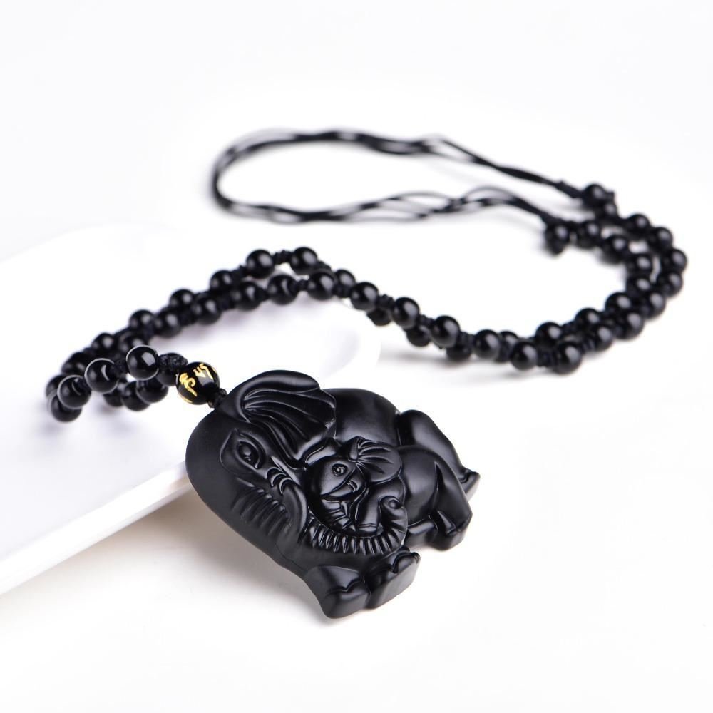 Chinese Handwork Natural Black Obsidian Carved Mother Baby Cute Elephant Amulet