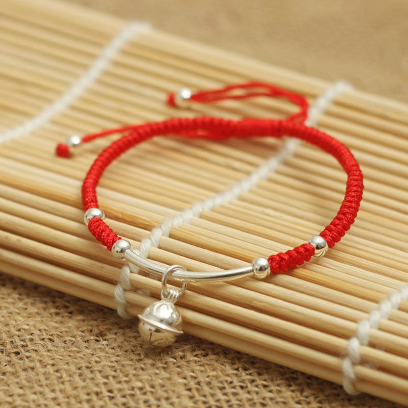 S925 Sterling Silver Bell Lucky Red Rope Shamballa Bracelet Handmade Bangle