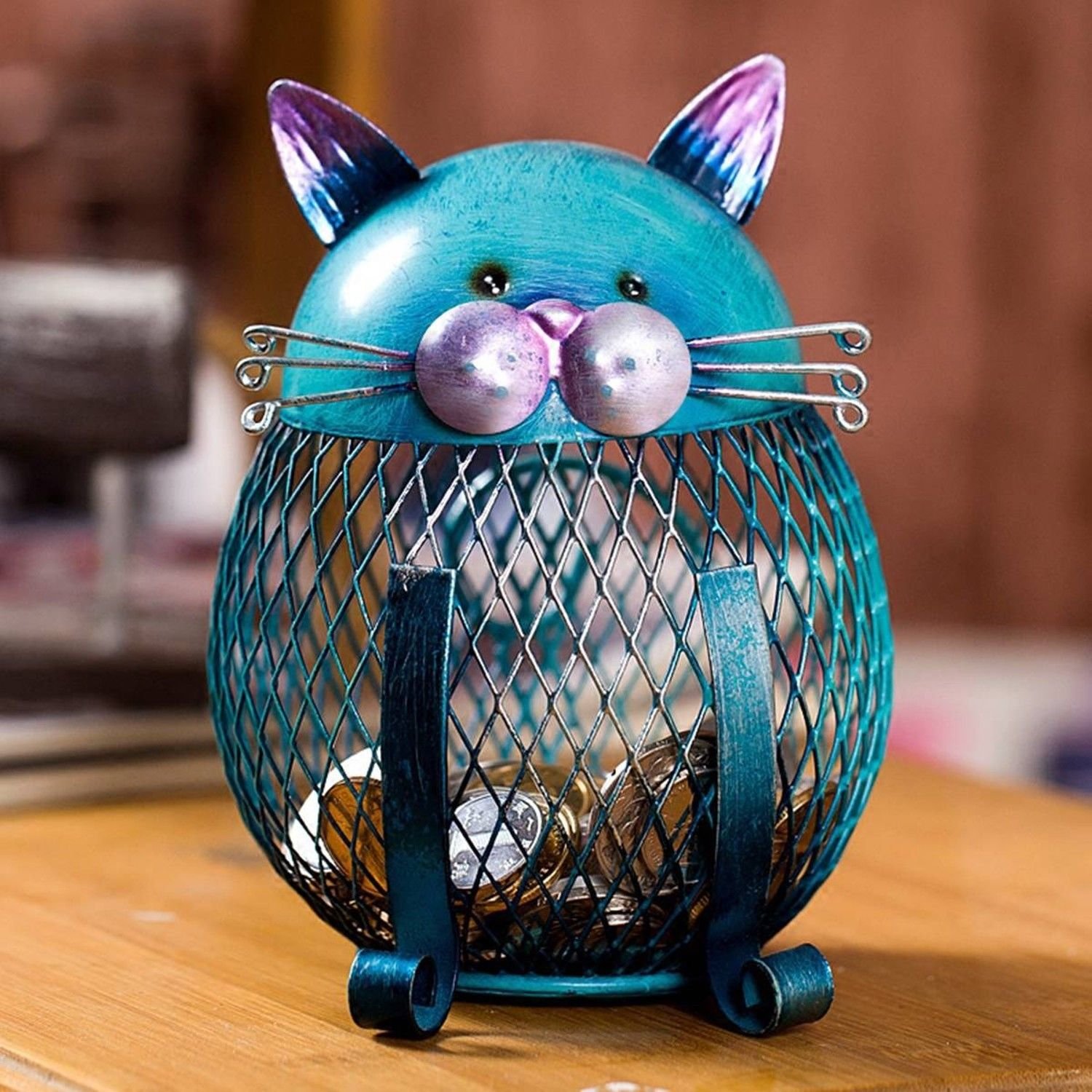 Blue Cat Bank Shaped Piggy Bank Metal Coin Bank Money Box Figurines Saving Money