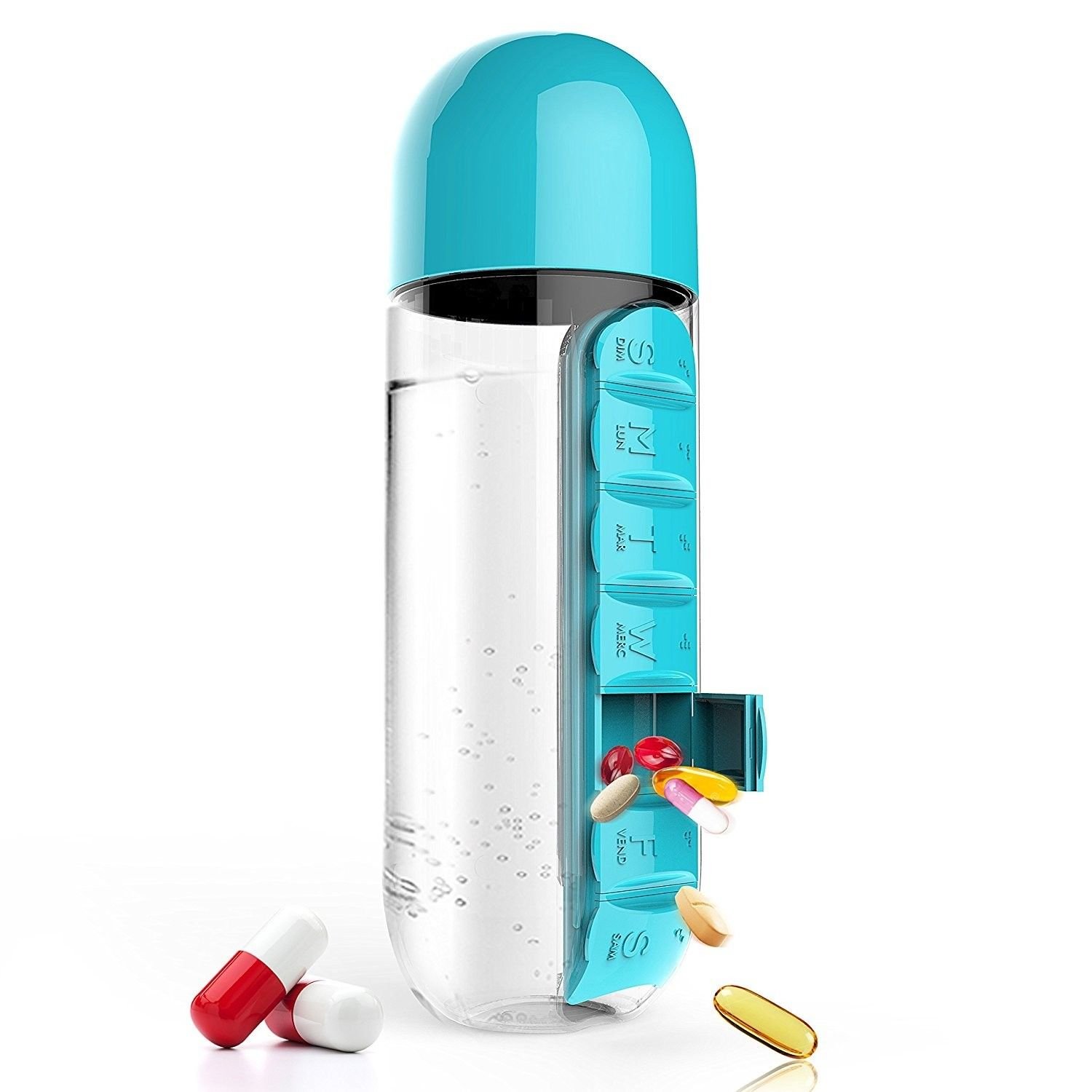 600ML Plastic Water Bottle With Daily Pill Box Organizer Drinking Bottles