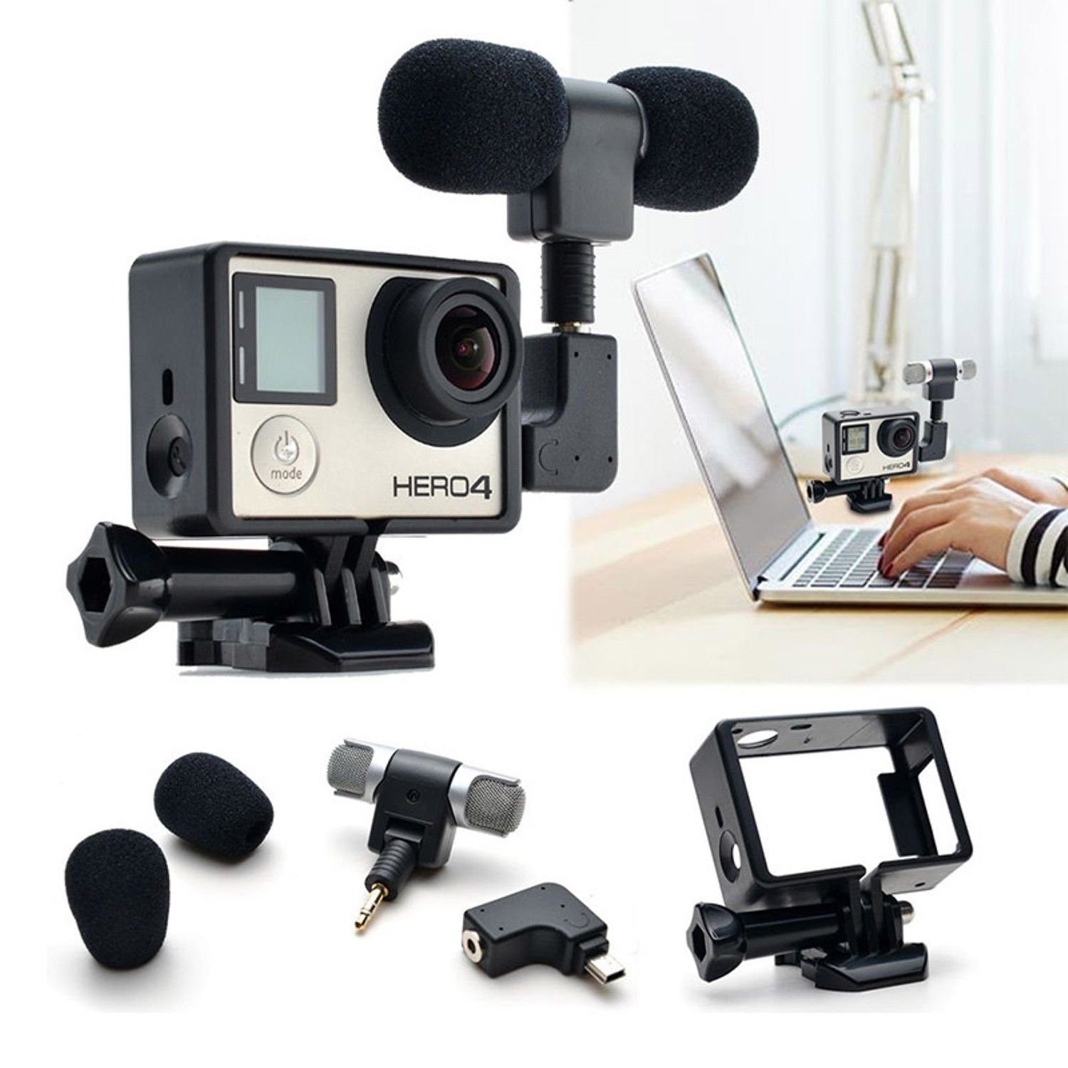 3.5mm External Mini Stereo Microphone Mic Adapter Standard Frame For GoPro Hero4