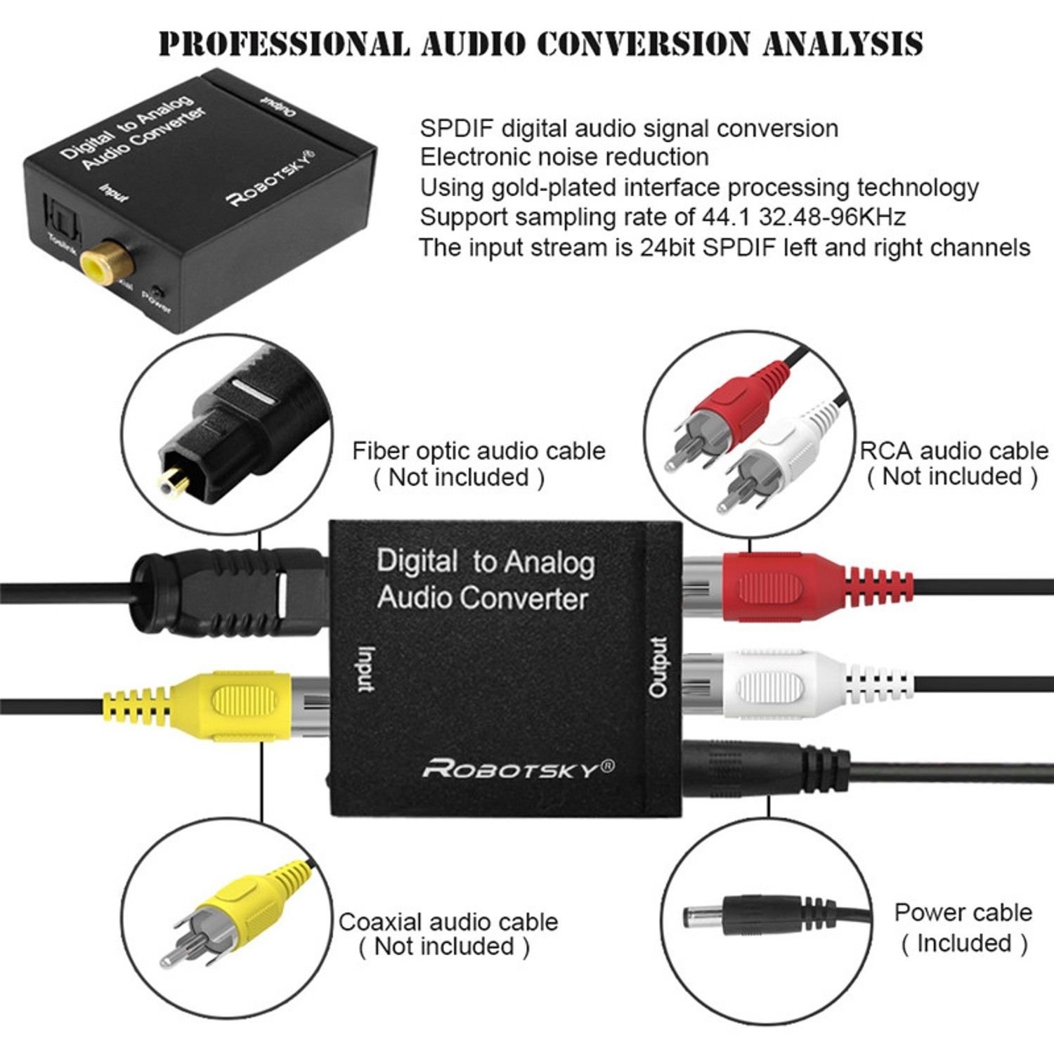 Digital to Analog Audio Converter Adapter Optical Coaxial Toslink Signal to Anal
