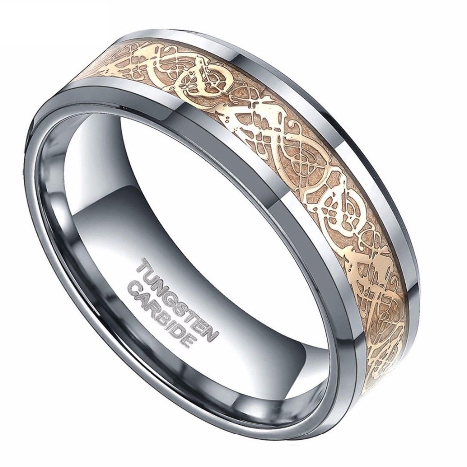 Gold Celtic Dragon Inlay Tungsten Carbide Ring Men Polish Edges Engagement 8mm