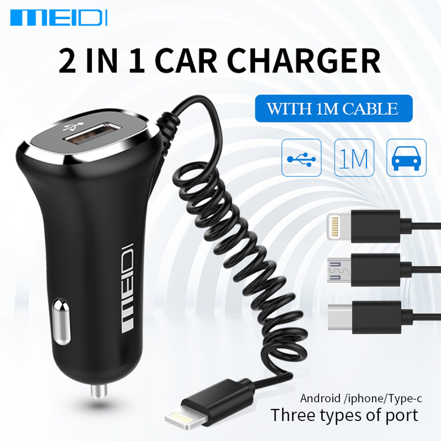 Universal Usb Car Charger 2.4a Fast Charge 2 In 1 Tipe C Lightning 