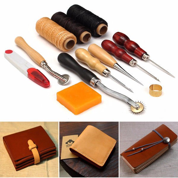 13pcs Wood Handle Leather Craft Tool Kit Leather Hand Sewing Tool Punch Cutter D