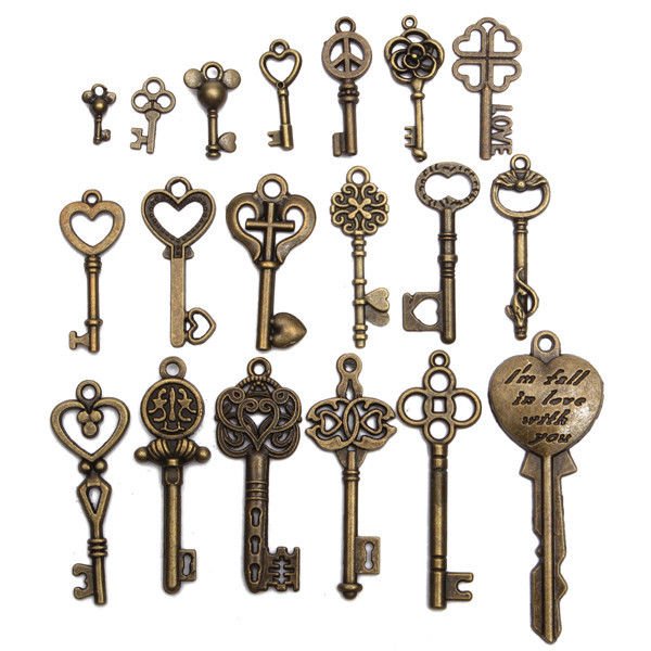 19Pcs Antique Vintage Old Look Skeleton Key Set Lot Pendant Heart Bow Lock Steam