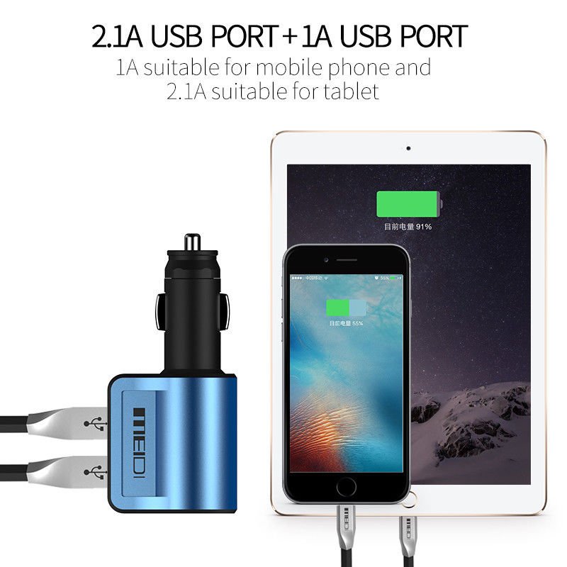 MEIDI Car Charger USB in Mobile Phone Chargers 2.1A and 1A 2 Port+40W Cigarette