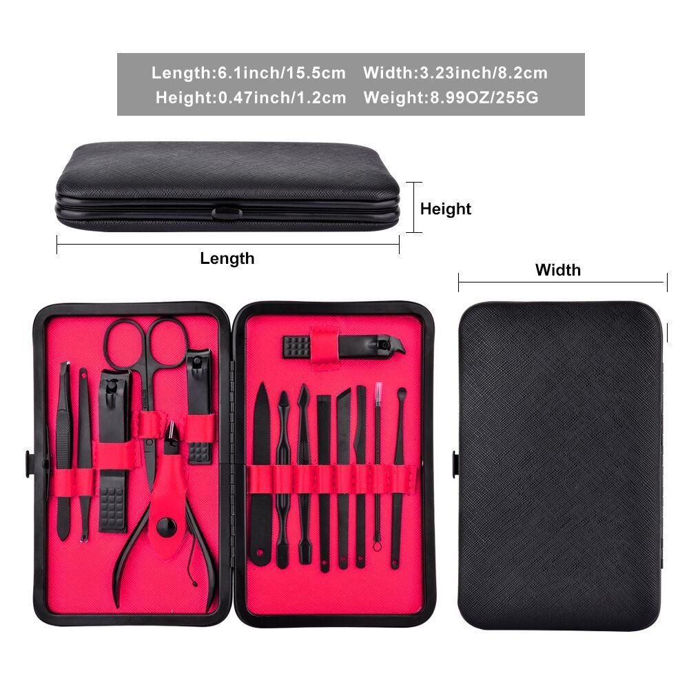 Professional Nail Clipper Set Black Stainless Steel Curved Blades Manicure 15PCS