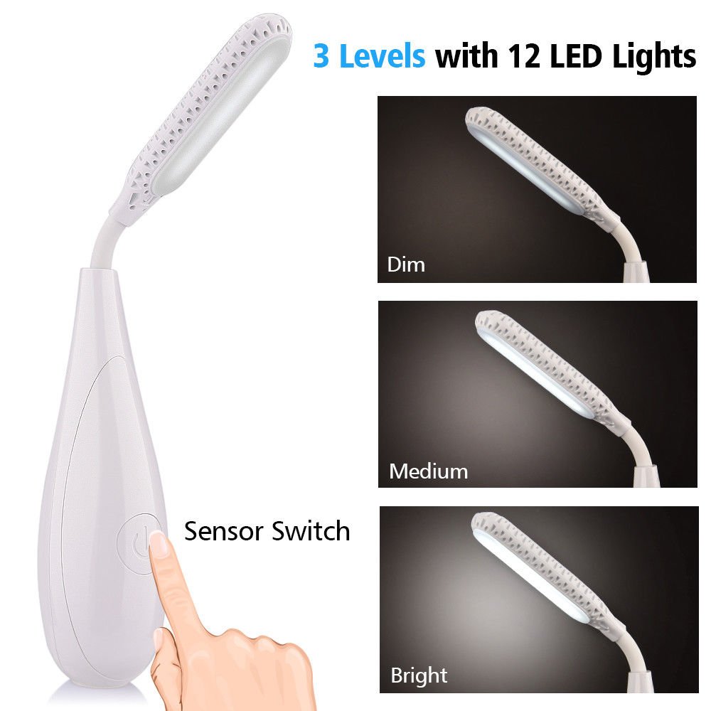 3-Level Dimmable Touch Sensor Switch 12 LED 5500-6000K Eye Care Reading Light
